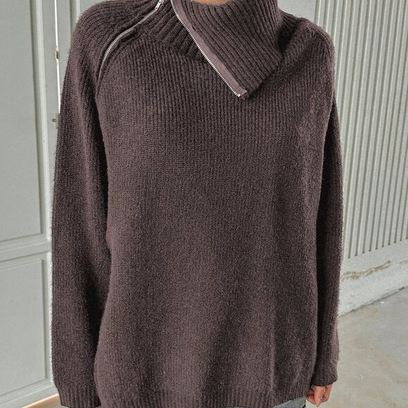 Brown Casual Women's Zipper Front Cardigan Sweater - Picture 4 of 5